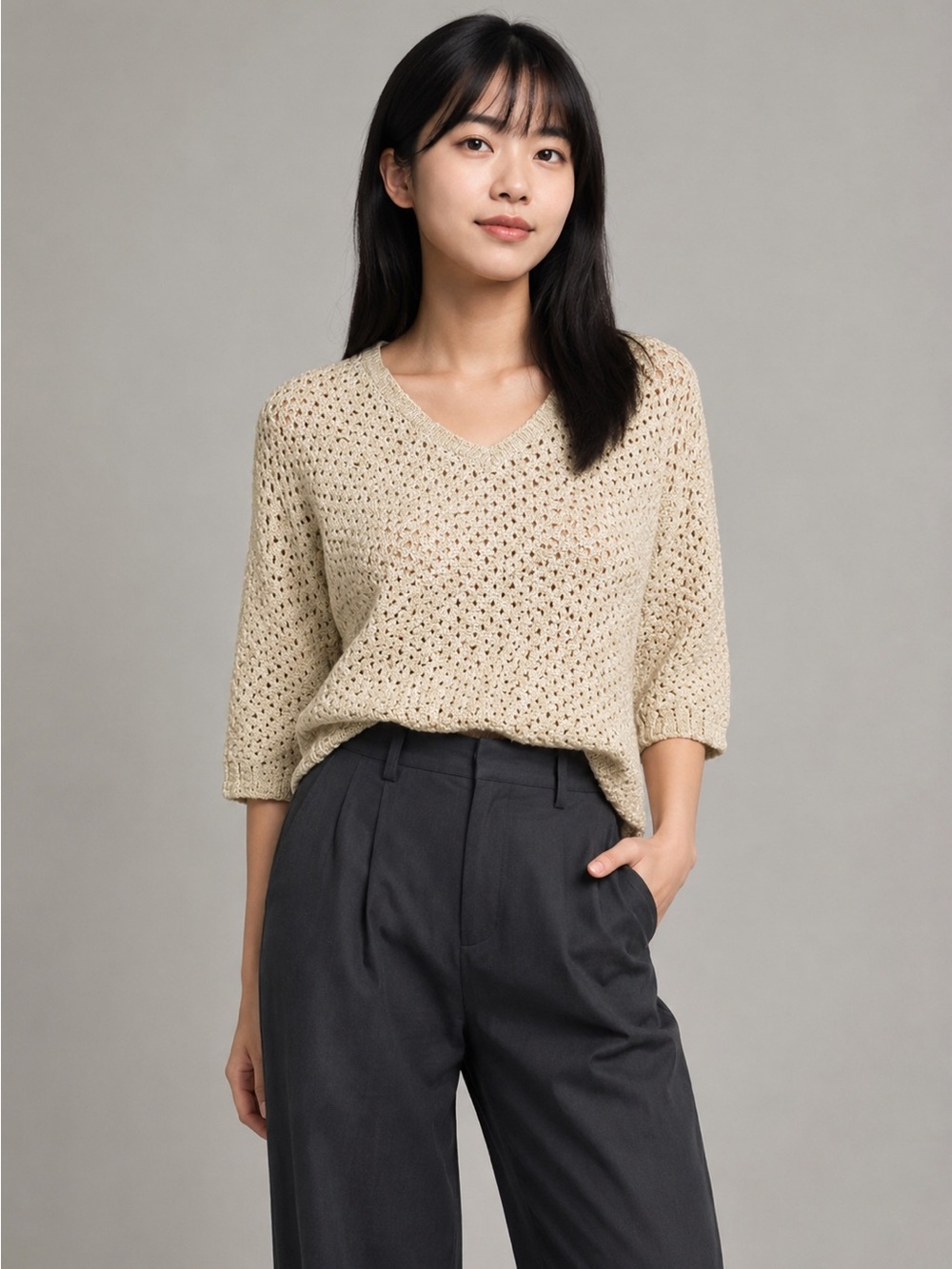 Quinn Cream Italian Yarn V-Neck 3/4 Sleeve Open Knit Sweater Size M